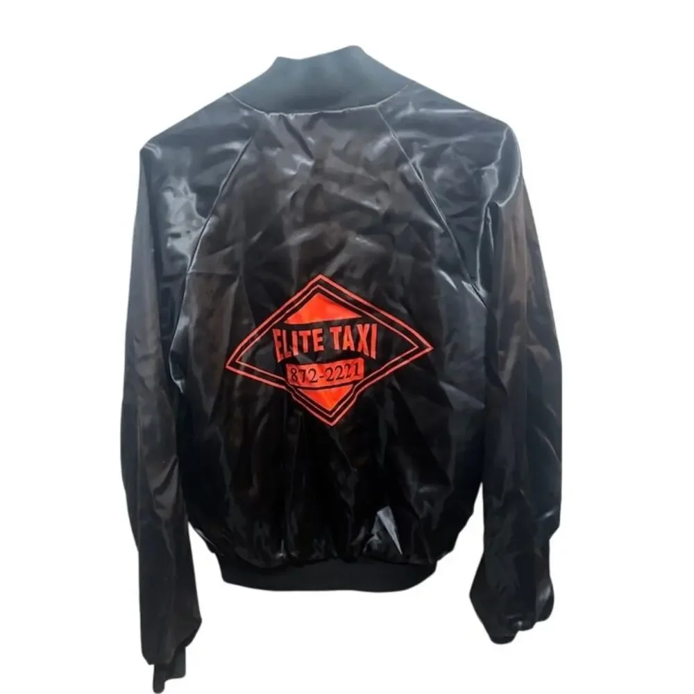 Vintage Satiny Nylon Elite Taxi Jacket VTG Black Coat Orange Logo Lined Small